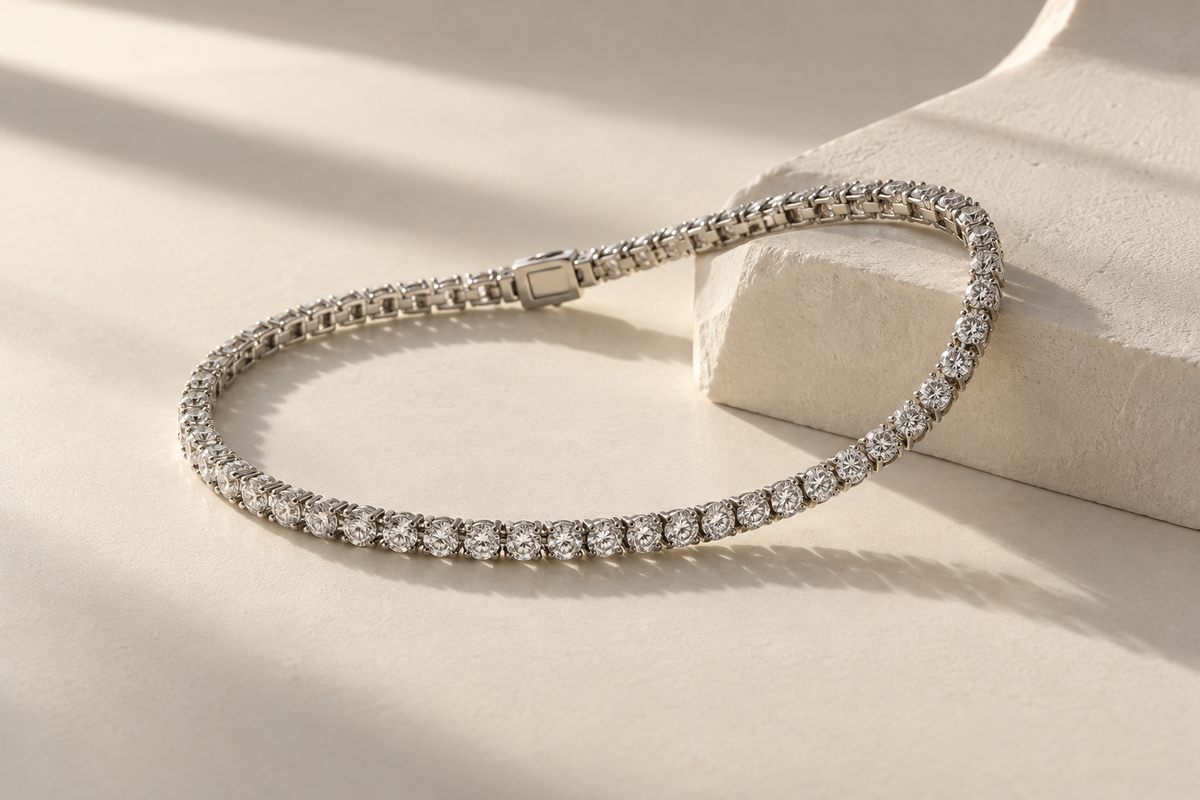 AI design visualization of a tennis bracelet on ivory